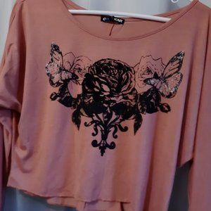 Nwt Coolwear Fleur Rose Western Crop T-shirt Top SMLXL Brown Pink Gray long slv